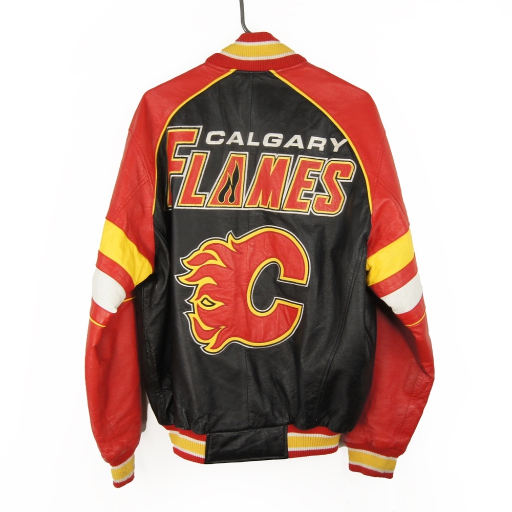 Vintage Calgary Flames NHL Hockey Red Black Leather Bomber Jacket